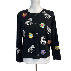 Emma Tricot New York Cardigan Jersey size Small Black Embroidery Zebra Flowers